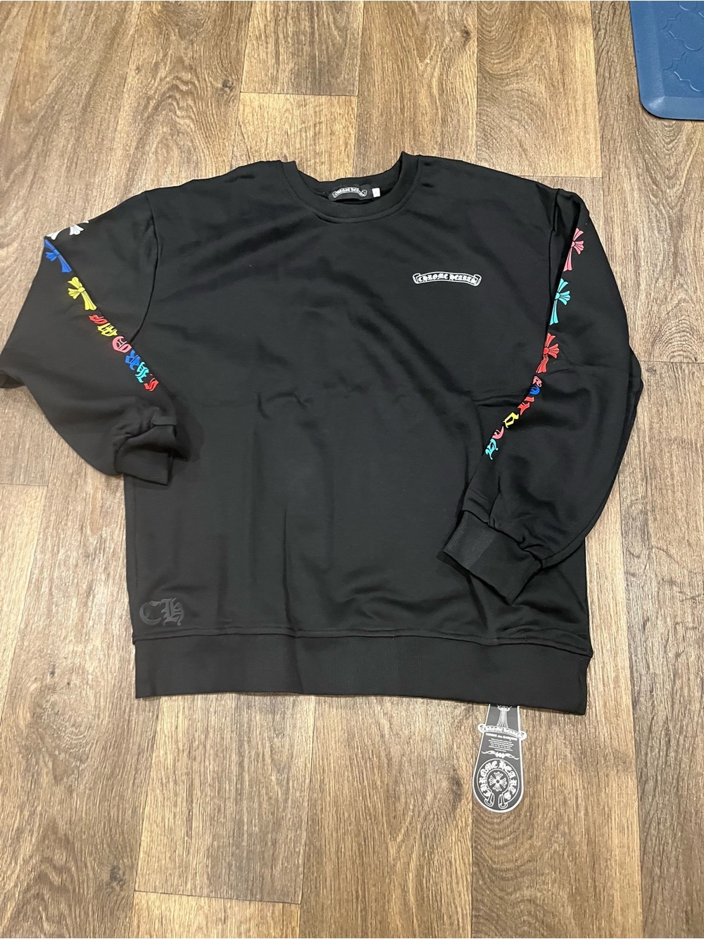 Chrome Hearts Black Crewneck Sweater with Multicolor Sleeve Motifs